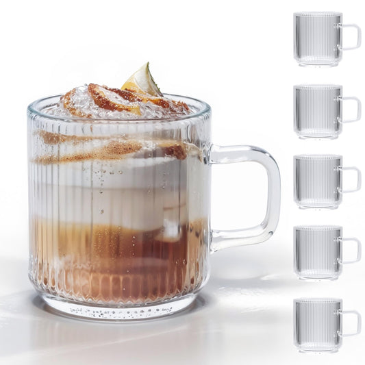 Coffee Mugs Set of 6,12 OZ Glass Coffee Mugs with Handles,Glass Coffee Cups for Hot/Cold,Clear Coffee mug for Latte, Cappuccino